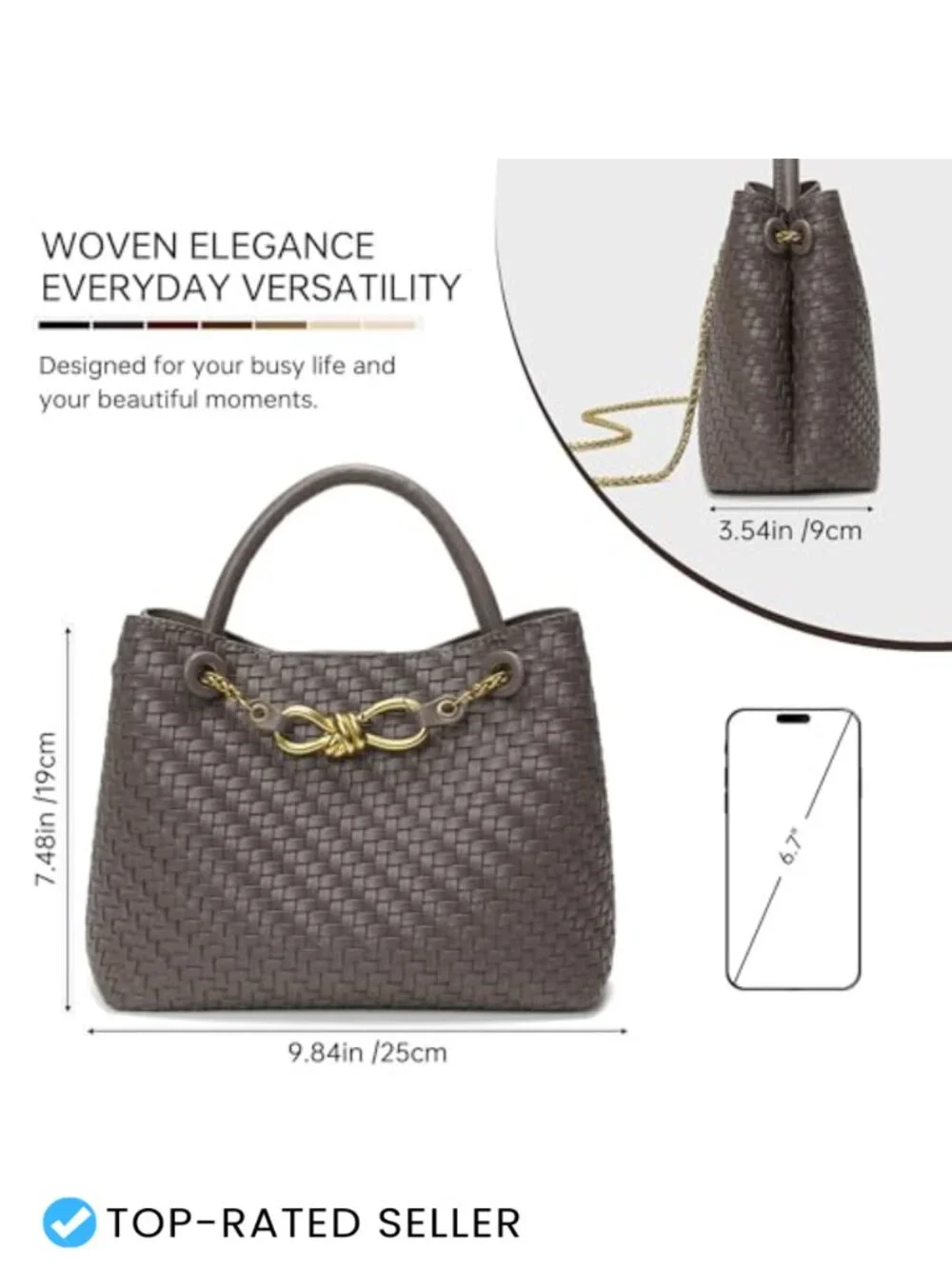 Small Woven Faux Leather Top Handle Purse with Adjustable Chain Strap, 2
